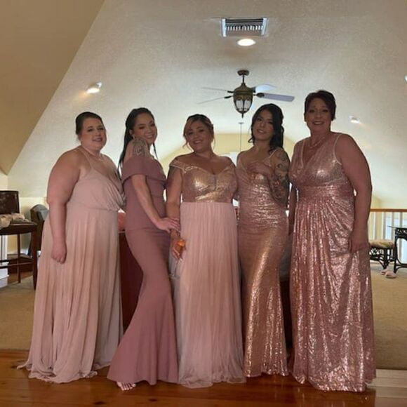 Womens V Neck Sequin Tulle A Line Evening Formal Dress Bridesmaid Rose Gold - Picture 7 of 7